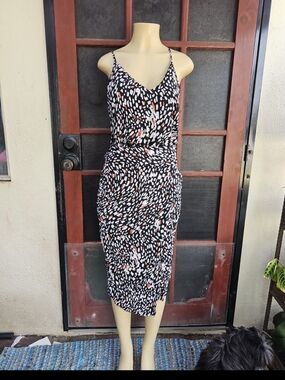 SHEIN Black Spotted V‑Neck Spaghetti Strap Midi Dress with White & Rust Accents